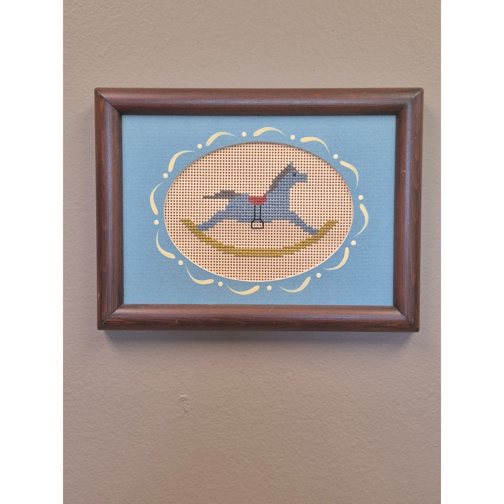Vintage Rocking Horse Needlepoint Framed Wall Art Wood Frame Nursery Folk Decor